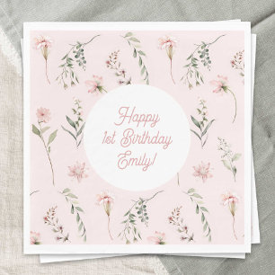 Serviette En Papier Rose fille 1er anniversaire Fleur sauvage et verdu
