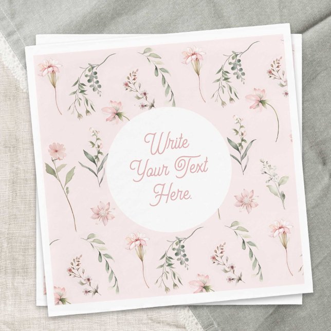 Serviette En Papier Rose Fleur sauvage Sage Vert verdure Aquarelle (Pink Watercolor Wildflower and Sage Green Greenery, all-occasion paper napkins)