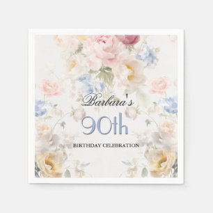 Serviette En Papier Rose Fleurale Peinte Élégante 90e Anniversaire 