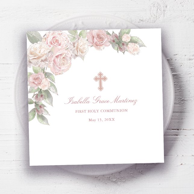 Serviette En Papier Rose Floral First Communion Cocktail (Créateur téléchargé)