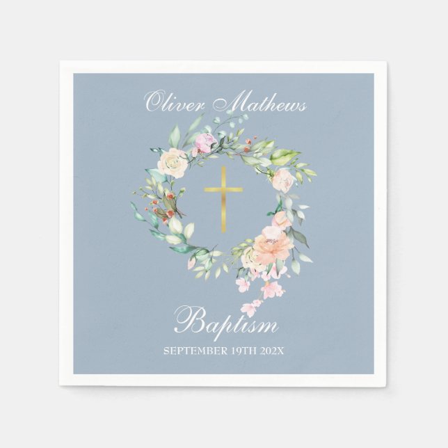 Serviette En Papier Rose Floral Garland Baptême Christening Dusty Blue (Devant)