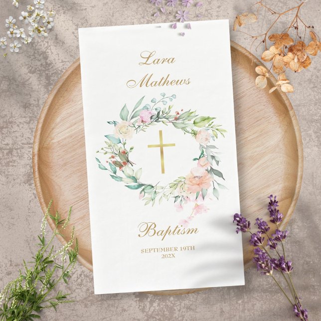 Serviette En Papier Rose Floral Garland Gold Baptême Christening (Roses Floral Garland Gold Baptism Christening Paper Guest Towels)