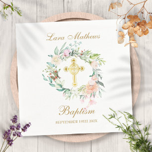 Serviette En Papier Rose Floral Garland Gold Cross Baptême Christening
