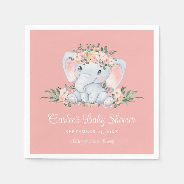 Serviette En Papier Rose Floral mignon Eléphant bébé Baby shower fille (Devant)