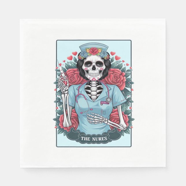 Serviette En Papier Rose Floral Skeleton Nurse Carte Tarot Halloween E (Devant)