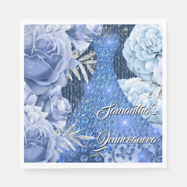 Serviette En Papier Rose florale argentée bleue anniversaire femme gla (Devant)