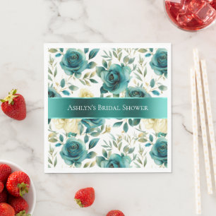Serviette En Papier Rose Florale Crème Verte Sarcelle Romantique