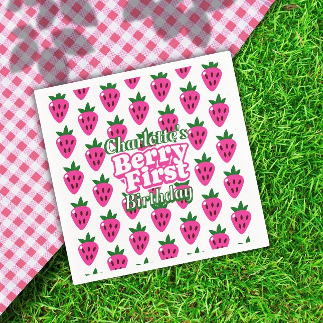 Serviette en papier rose fraise pour premier anniv (Créateur téléchargé)