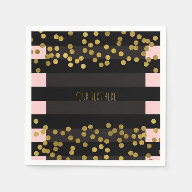 Serviette En Papier Rose gêné & Rayures noires Points en feuille dorée (Devant)