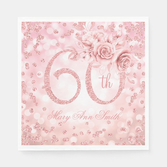 Serviette En Papier Rose Gold 60e anniversaire Floral Glam Lumières (Devant)