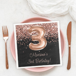 Serviette En Papier Rose Gold Black 3ème fête d'anniversaire