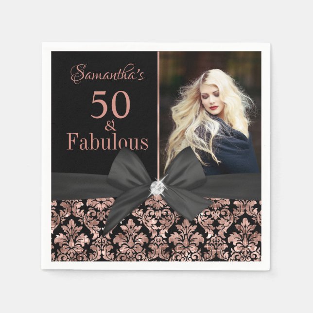 Serviette En Papier Rose Gold Black Damask photo 50e anniversaire (Devant)