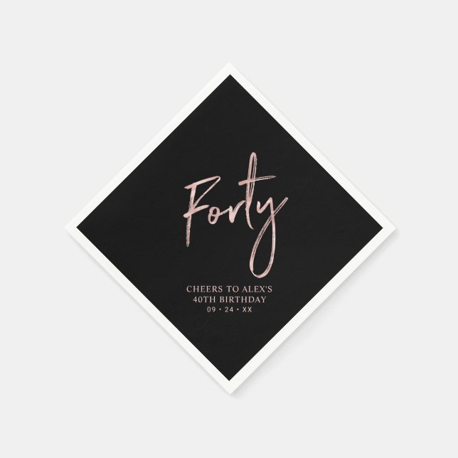 Serviette En Papier Rose Gold & Black Forty Adulte 40e Anniversaire (Coin)