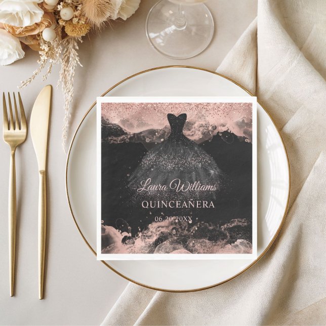 Serviette En Papier Rose Gold & Black Princess Quinceañera  (Rose Gold Princess Quinceañera Birthday Napkins)