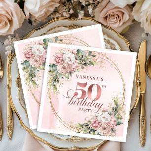 Serviette En Papier Rose Gold Blush Fleurs Élégantes 50e Anniversaire