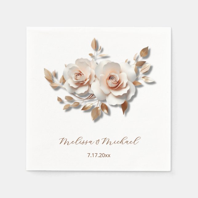 Serviette En Papier Rose Gold Blush Pink 3D Roses Your Names Wedding (Devant)