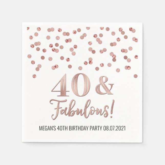 Serviette En Papier Rose Gold Confetti 40 & Fabuleux anniversaire (Devant)