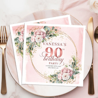 Serviette En Papier Rose Gold Dusty Pink Boho Floral 90th Birthday 