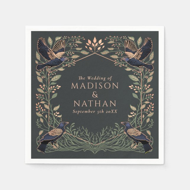 Serviette En Papier Rose Gold Enchanted Gothique Corbeau Floral Mariag (Devant)