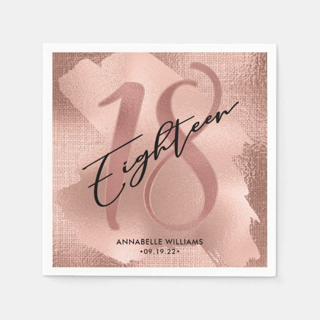 Serviette En Papier Rose Gold Faux Foil 18e anniversaire (Devant)