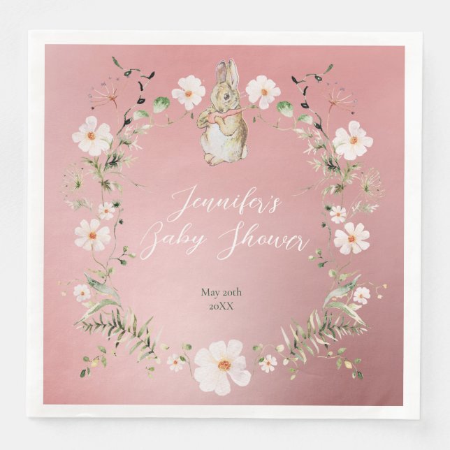 Serviette En Papier Rose Gold Floral Baby Baby shower lapin (Devant)