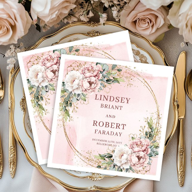 Serviette En Papier Rose Gold Floral Gold Glitter Greenery Wedding  (Rose Gold Floral Gold Glitter Greenery Wedding Napkins)