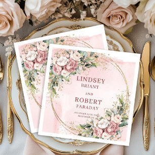 Serviette En Papier Rose Gold Floral Greenery Pailleté Mariage