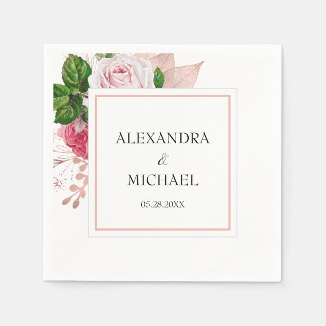 Serviette En Papier Rose Gold Floral Mariage Élégant rose vert (Devant)
