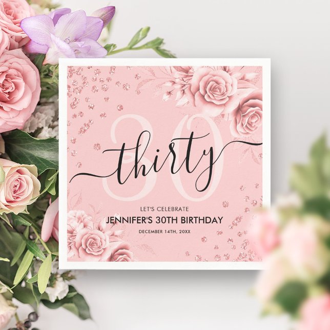 Serviette En Papier Rose Gold Floral Parties scintillant 30e Anniversa (Rose Gold Floral Glitter 30th Birthday Script Napkins)