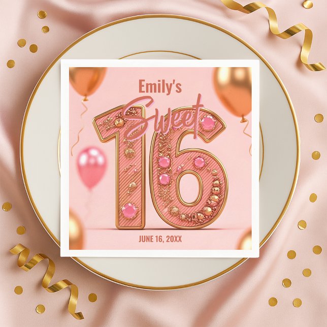 Serviette En Papier Rose Gold Glam Blush Pink Gemstone Sweet 16  (Créateur téléchargé)
