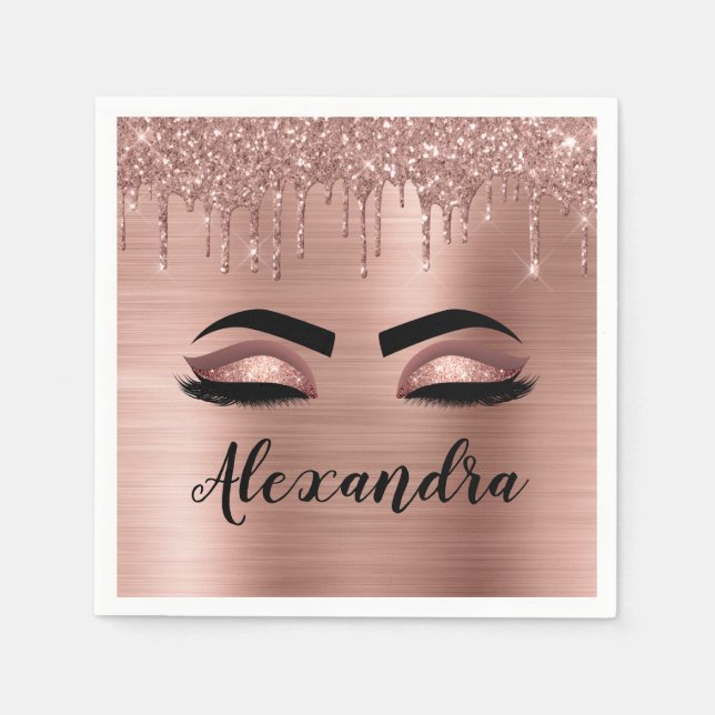 Serviette En Papier Rose Gold Glitter Sparkle Eyelashes Monogram (Devant)