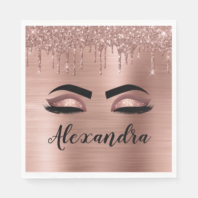 Serviette En Papier Rose Gold Glitter Sparkle Eyelashes Monogram (Devant)