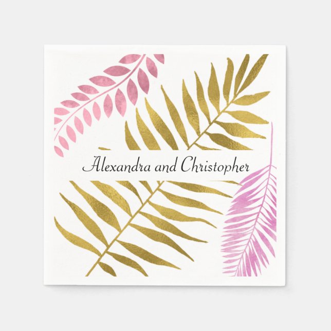 Serviette En Papier Rose Gold & Gold Foil Tropical Mariage Napkins (Devant)