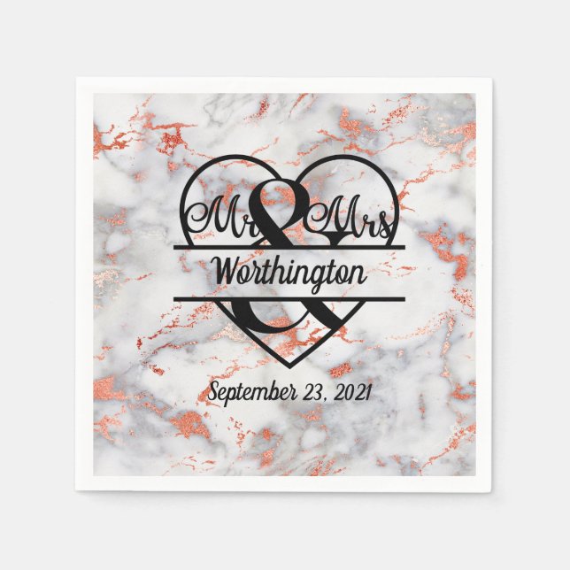 Serviette En Papier Rose Gold Marble M. et Mme Heart Mariage (Devant)