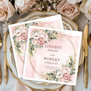 Serviette En Papier Rose Gold Mariage Floral Greenery Pailleté Or