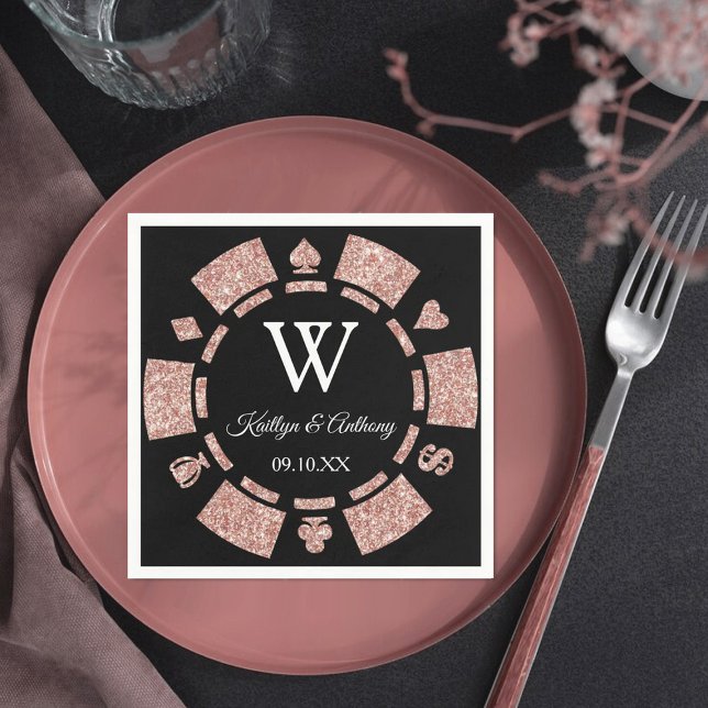Serviette En Papier Rose Gold Monogram Poker Chip Casino Mariage (Créateur téléchargé)