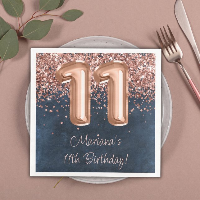 Serviette En Papier Rose Gold Navy Blue 11e fête d'anniversaire (Créateur téléchargé)