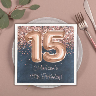 Serviette En Papier Rose Gold Navy Blue 15e fête d'anniversaire