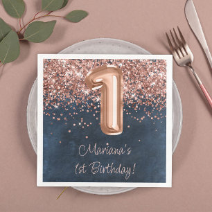 Serviette En Papier Rose Gold Navy Blue 1er anniversaire fête