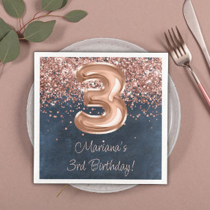 Serviette En Papier Rose Gold Navy Blue 3e fête d'anniversaire