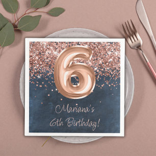 Serviette En Papier Rose Gold Navy Blue 6e fête d'anniversaire