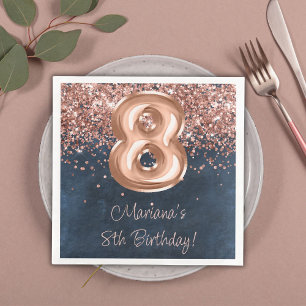 Serviette En Papier Rose Gold Navy Blue 8e fête d'anniversaire
