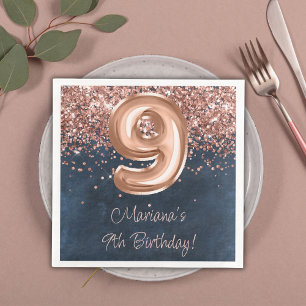 Serviette En Papier Rose Gold Navy Blue 9e fête d'anniversaire