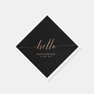 Serviette En Papier Rose Gold & Noir   Élégant Script Bonjour Fête