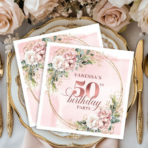 Serviette En Papier Rose Gold Pailleté Fleurs de Fard à Joues 50e Anni