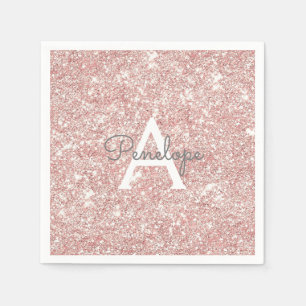 Serviette En Papier Rose Gold  Pailleté Rose et Monogramme Brillants