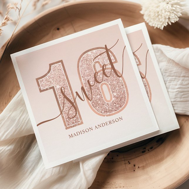 Serviette En Papier Rose Gold Pailleté Script Anniversaire 16 Ans (Créateur téléchargé)