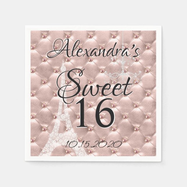 Serviette En Papier Rose Gold Paris Sweet sixteen fête d'anniversaire (Devant)
