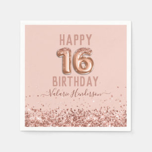 Serviette En Papier Rose Gold Pink Joyeux 16e anniversaire