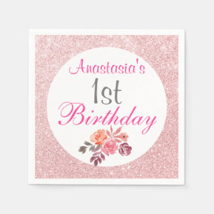 Serviette En Papier Rose Gold Poudré Pailleté Floral 1er Anniversaire